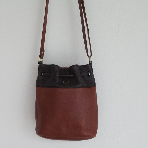 Fossil 100% Leather and Suede Bucket Shoulder Handbag Crossbody Medium sz Brown - Picture 4 of 13